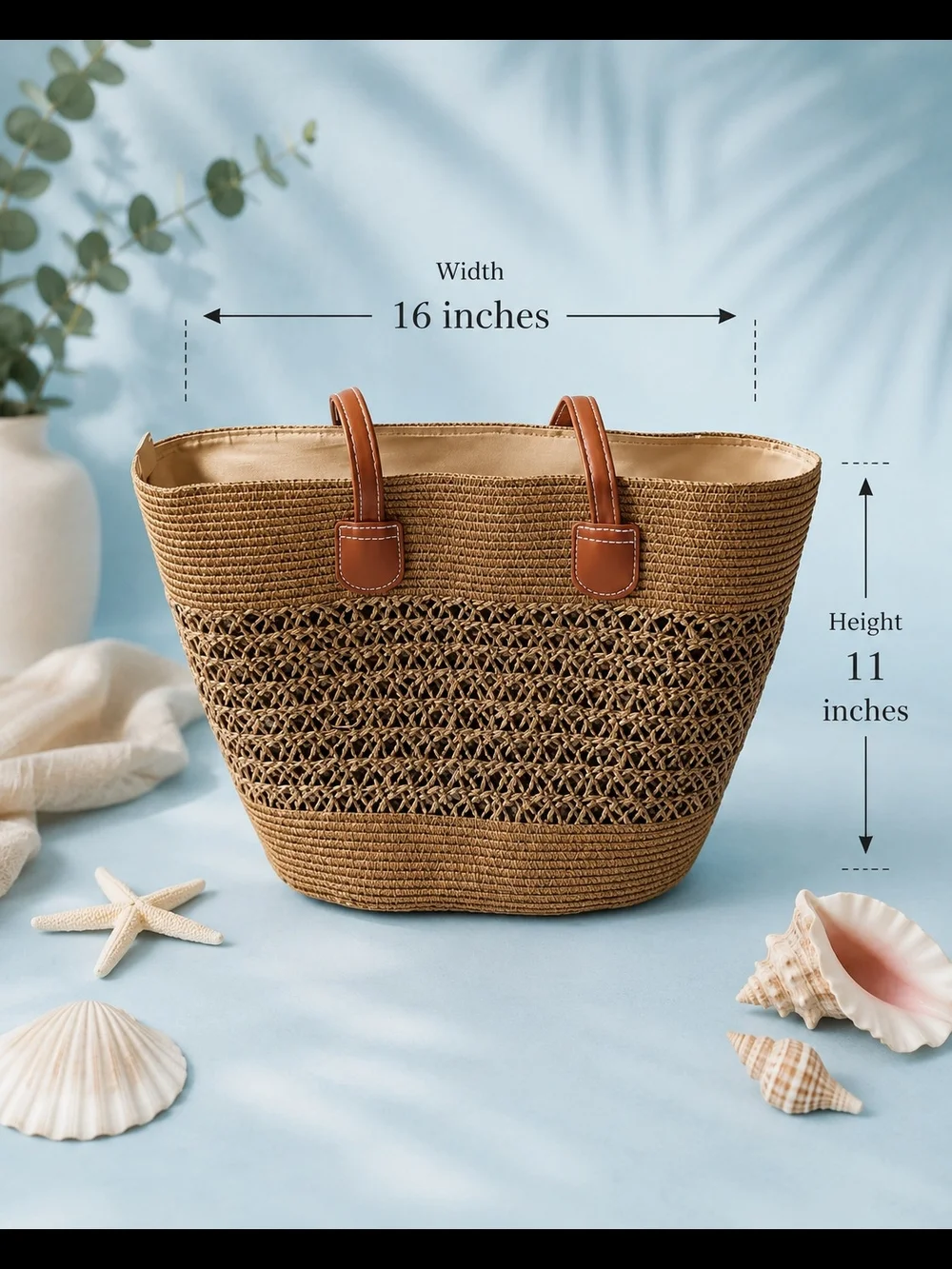 2- Set Straw Beach Tote Bag & Hat with Leather Handles - Natural Brown
